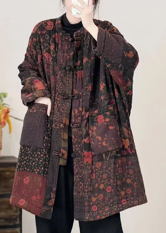 Plus Size Black Pockets Print Oriental Button Fine Cotton Filled Coat Winter Rugged Women's Outdoor Plus Size Black Pockets Print Oriental Button Fine Cotton Filled Coat Winter Rugged Women's Outdoor