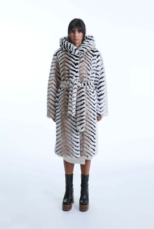 Faux Fox Belted Long Coat