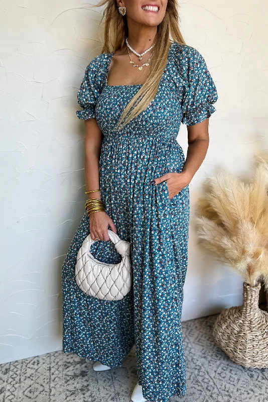 Blue Vintage Boho Floral Smocked Short Puff Sleeve Wide Leg Jumpsuit Country