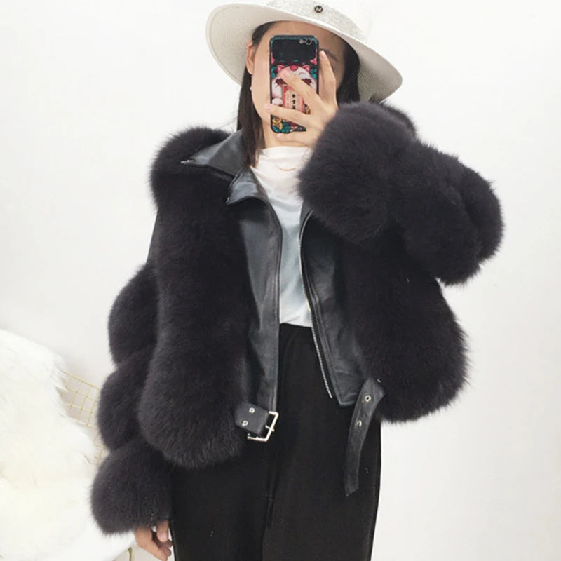 Women's Luxury Dark Gray Winter Real Fox Fur Genuine Sheepskin Leather Jacket Monochromatic All - in - one Women's Luxury Dark Gray Winter Real Fox Fur Genuine Sheepskin Leather Jacket Monochromatic All - in - one