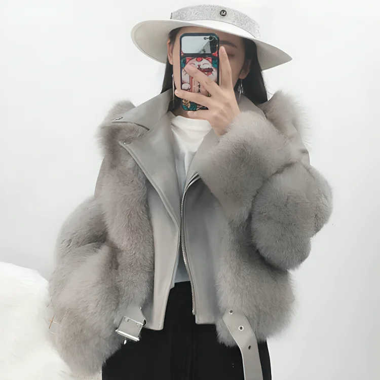 Women's Light Gray Winter Real Fox Fur Genuine Sheepskin Leather Jacket Country