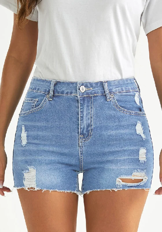 Lakeside Blue Women's High Waisted Distressed Denim Jeans Shorts Ripped Raw Hem Jean Shorts Trendy Women's Oversized
