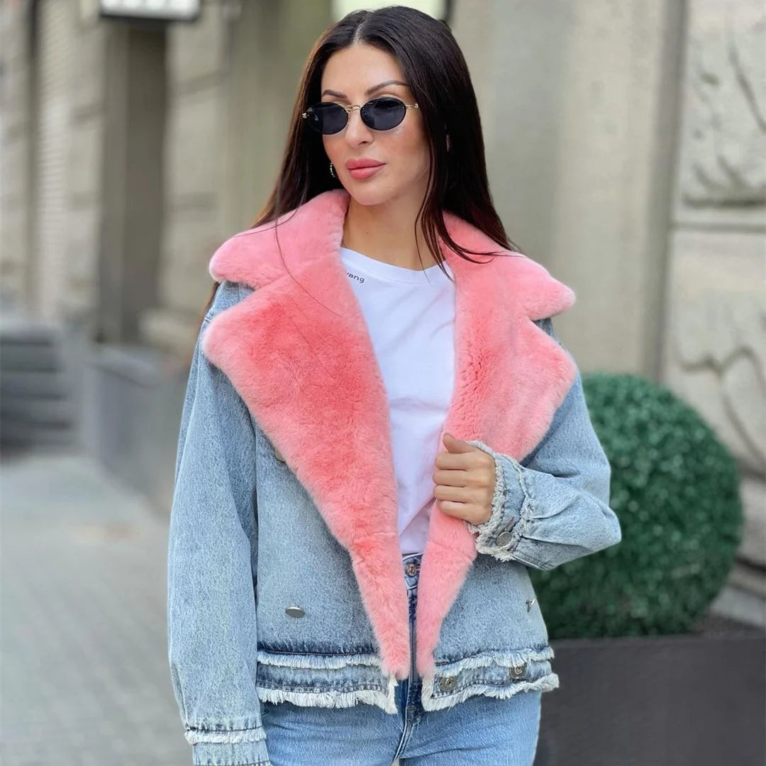Luxury Turn-down Fur Collar Single Breasted Winter Denim Jacket for Women Athletic Women's 