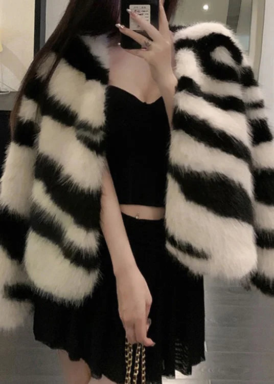White Original Design Fuzzy Fur Fluffy Coats V Neck Winter Trendy Women's Oversized
