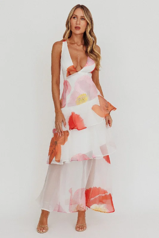 Veda Strappy Back Ruffle Maxi Dress Flowers Pink Adventure