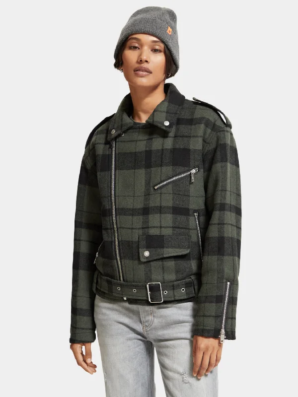 Green check biker jacket Athletic Women's High - 