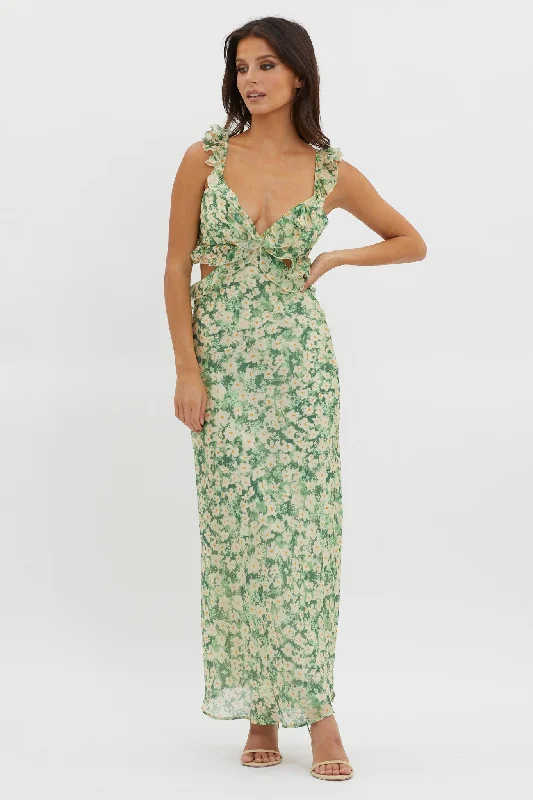 Second Chances Ruffle Trim Maxi Dress Flowers Green Sporty Women's Tennis