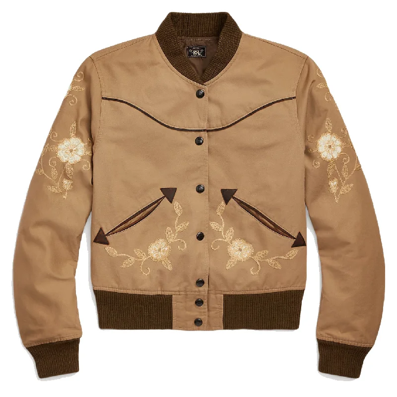 RRL by Ralph Lauren Womens Embroidered Sateen Western Jacket Khaki Tan Compression RRL by Ralph Lauren Womens Embroidered Sateen Western Jacket Khaki Tan Compression
