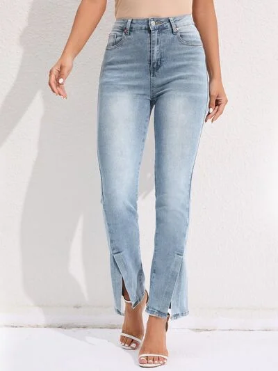 Slit Buttoned Jeans with Pockets Confident Women's Power