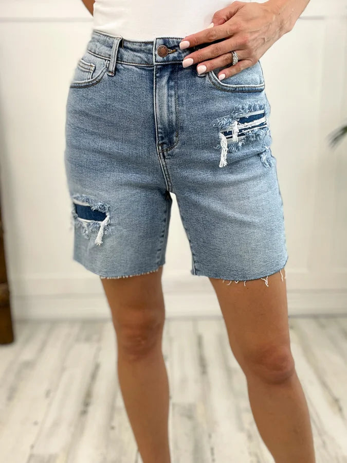 Judy Blue High Waisted Mid-Length Denim Patch Shorts Tough Women's Military - inspired