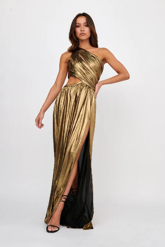Fortuna One Shoulder Split Maxi Dress Black/Gold Dynamic Women's High - energy
