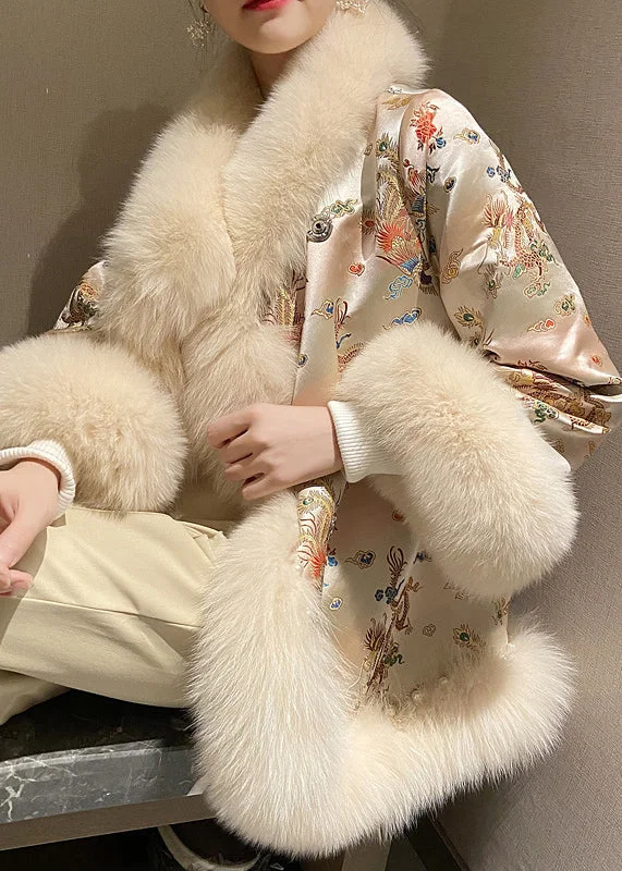Chinese Style Beige Fox Collar Print Nail Bead Leather And Fur Coats Winter Relaxed Women's Beachy