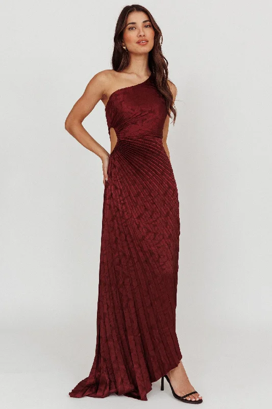 Amelie One-Shoulder Accordion Pleat Maxi Dress Merlot Minimalist Women's Casual