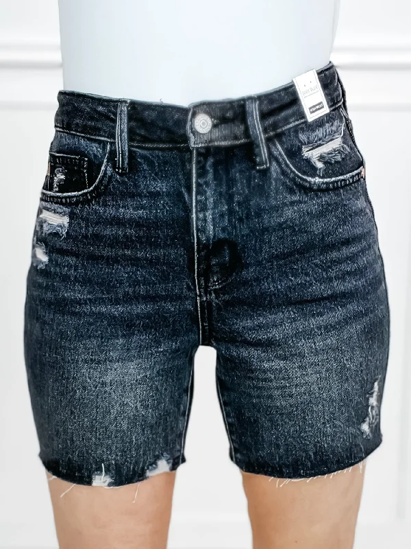 Judy Blue Hi-Waist Rigid Magic Destroyed Raw Hem Black Denim Shorts Australian Beach