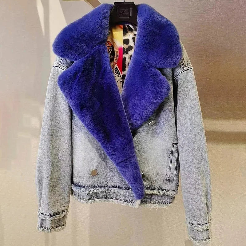 Luxury Real Fox Fur Collar Warm Winter Denim Jacket for Women Hip Women's Retro