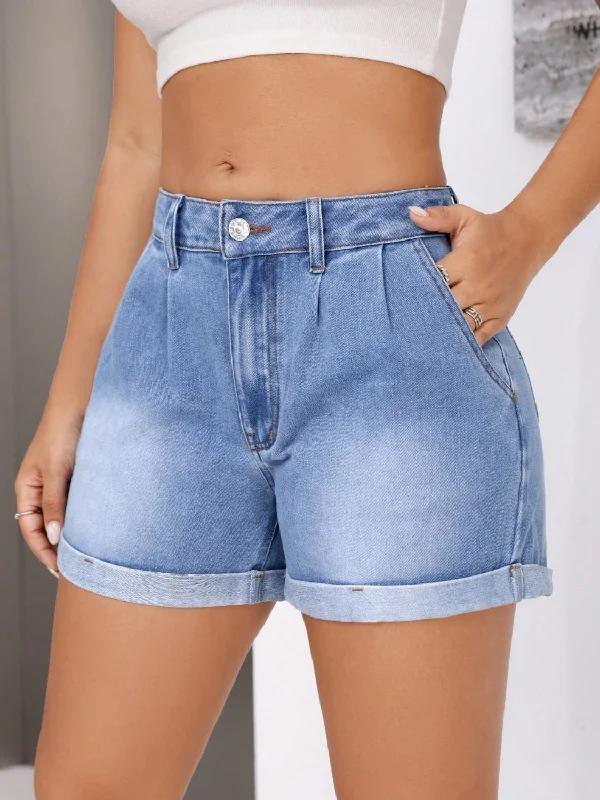 Rolled Hem Mid-Rise Waist Denim Shorts Monochromatic All - in - one