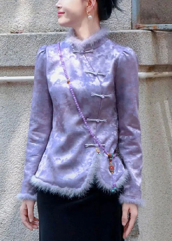 New Purple Button Patchwork Thick Coats Spring Geometric