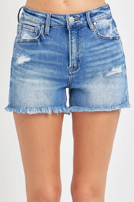 RISEN Full Size High Rise Distressed Raw Hem Denim Shorts Business