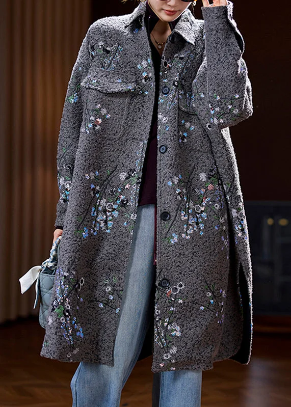 Vogue Grey Peter Pan Collar Pockets Sequins Long Woolen Coats Spring Classic Women's Tweed