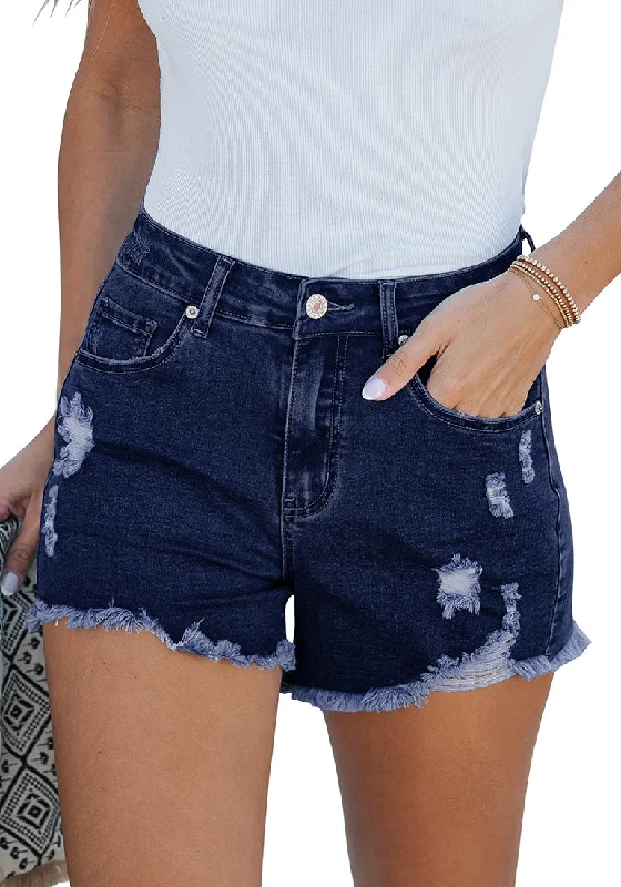 Dark Blue Women's High Waisted Denim Distressed Jeans Shorts Frayed Raw Hem Ripped Shorts Geometric