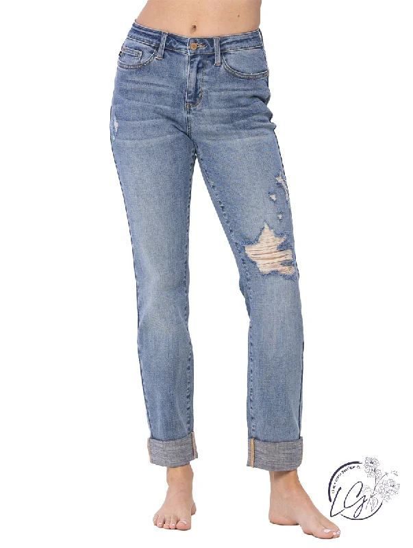 Denise Knee Destroy & Cuffed Long Boyfriend Jeans By Judy Blue Geometric