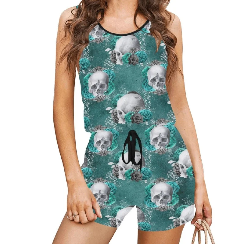 Women's Blue Skulls Short Tie Waist Romper Cool Women's Skate