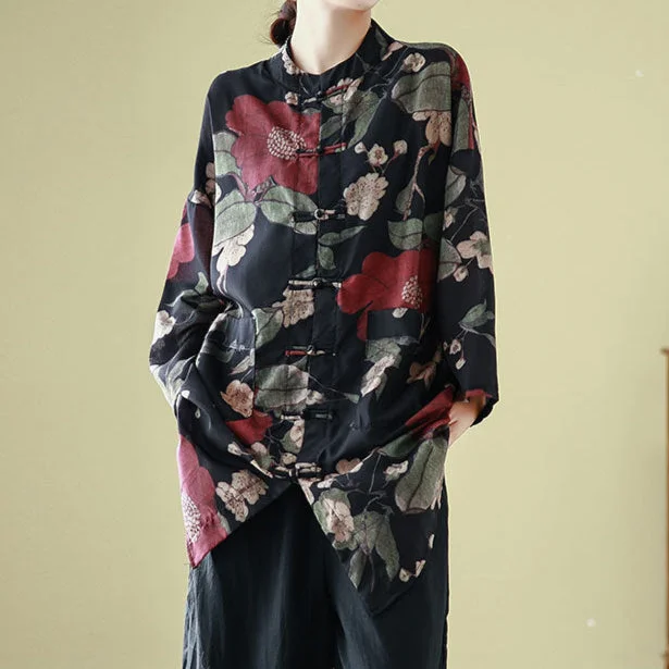 Babakud Women Spring Vintage Ramie Floral Long Cardigan Shirt