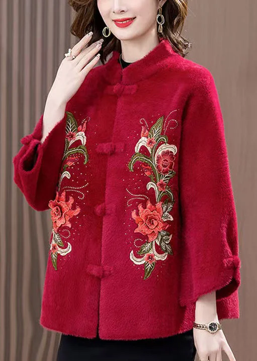 Loose Wine Red Embroidered Button Mink Velvet Coats Spring Sporty Women's Tennis