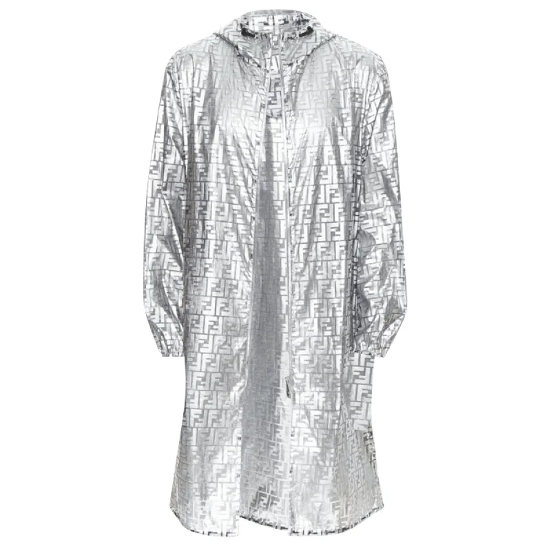 Fendi  Prints On metallic silver FF Zucca monogram anorak coat Sleek Women's 