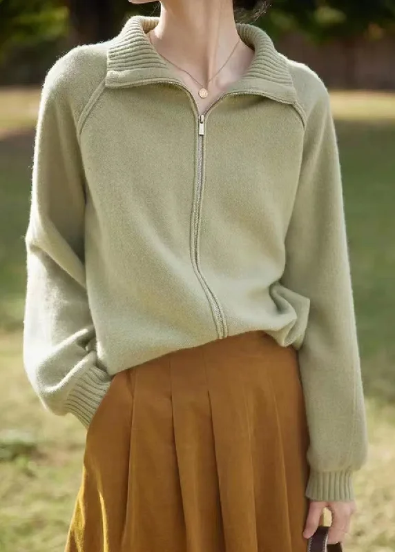 Loose Light Green Zip Up Patchwork Knit Coats Long Sleeve Business