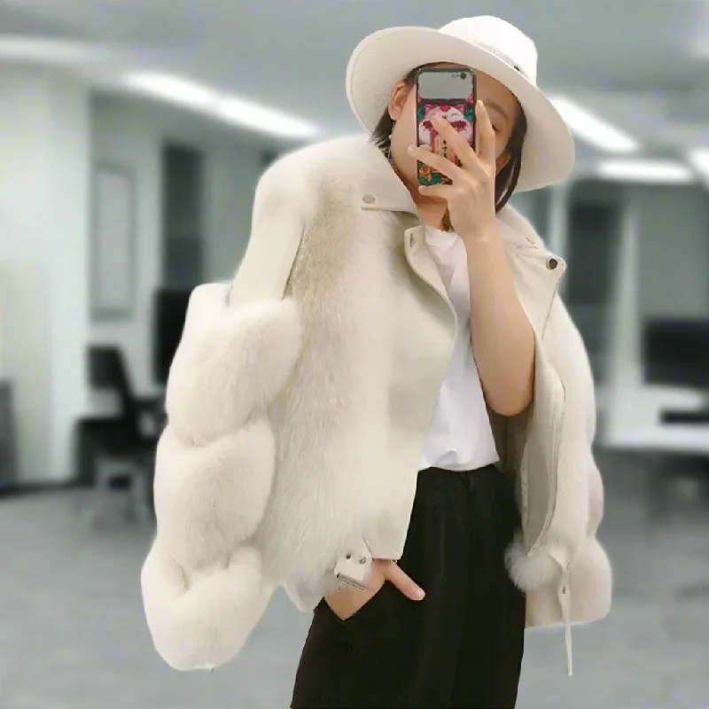 Women's Champagne Color Winter Real Fox Fur Genuine Sheepskin Leather Jacket Refined Women's Hand - crafted