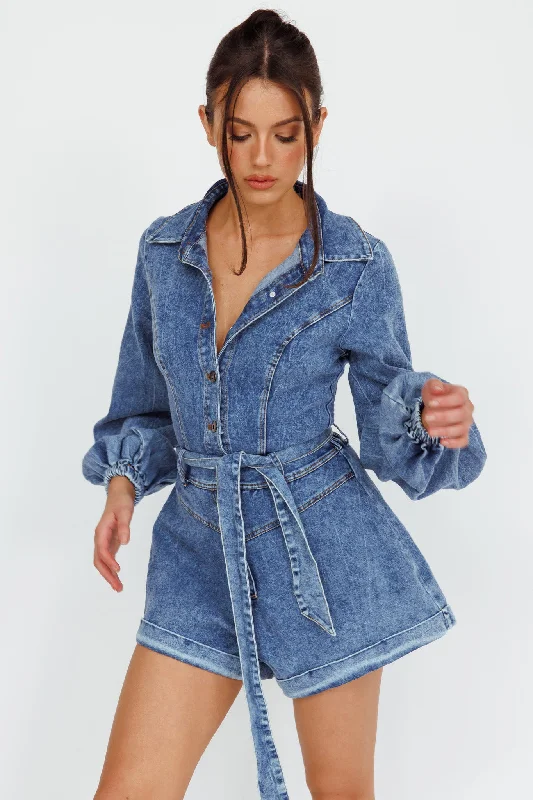 New Day Long Sleeve Button-Up Romper Denim Stylish Women's Neon