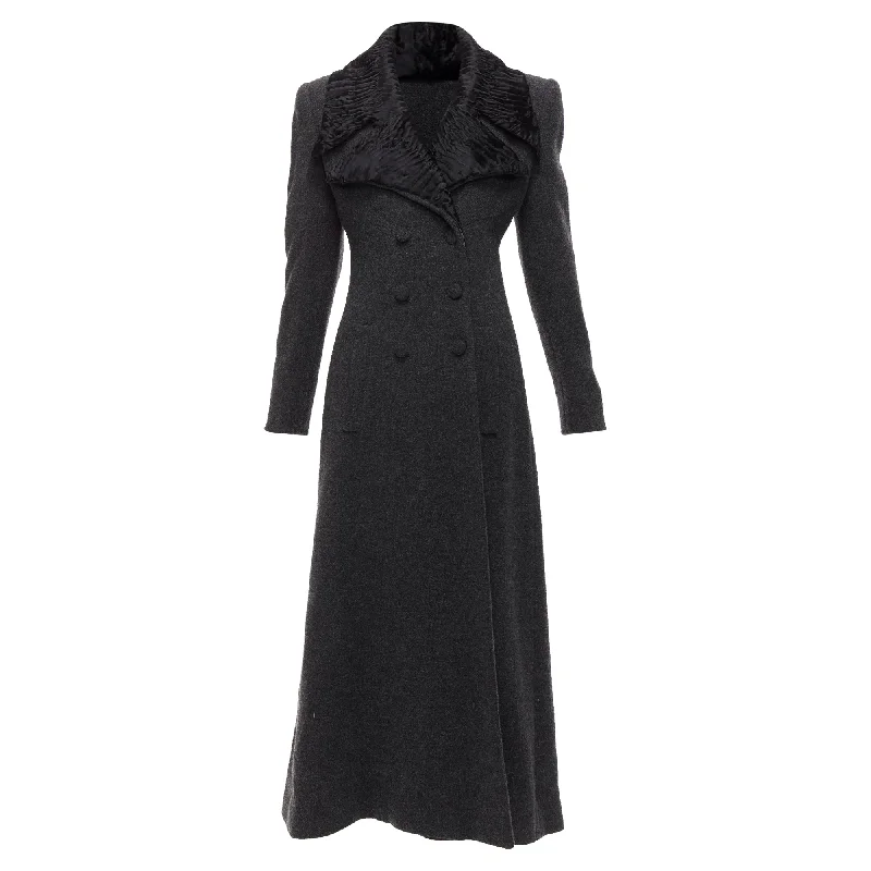 Fendi Astrakhan Fur Collar Virgin Wool Blend Longline Coat Confident Women's Power