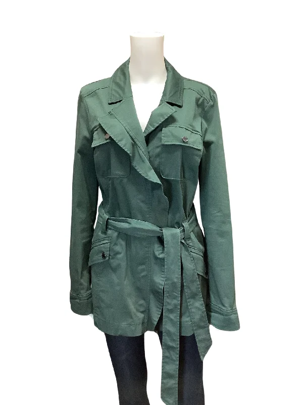 White House Black Market Women's Jacket Safari Green Ruffled Belted Size: 12