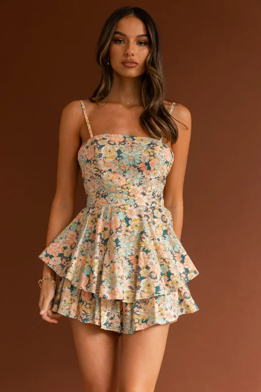 Alexandria Square Neckline Tie Back Romper Vintage Floral Yellow Refined Women's 