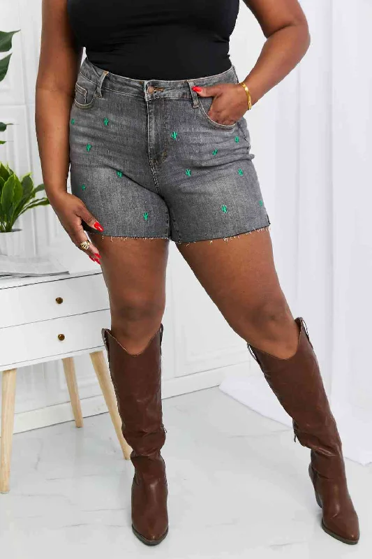 Judy Blue Full Size Cactus Contrast Raw Hem Slit Denim Shorts Country
