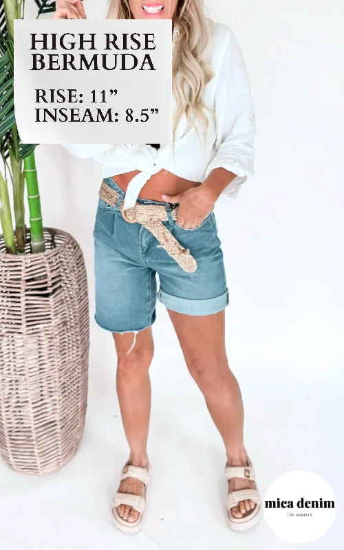 The Gemma High Rise Pleated Bermuda Denim Shorts | MICA Monochromatic Office Style