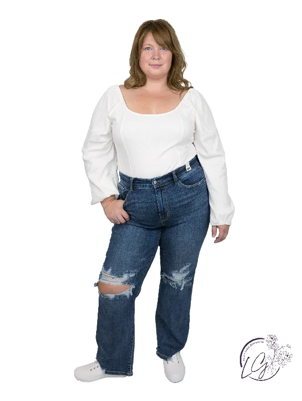 Curvy Blakely High Waist 90's Knee Destroy Straight By Judy Blue Hip Women's Retro