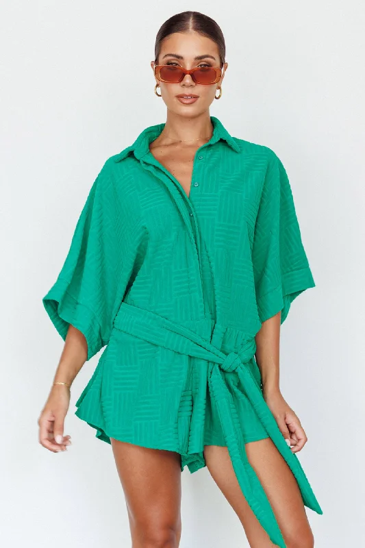 Daytona Beach Button-Up Romper Textured Green Edgy Women's Punk