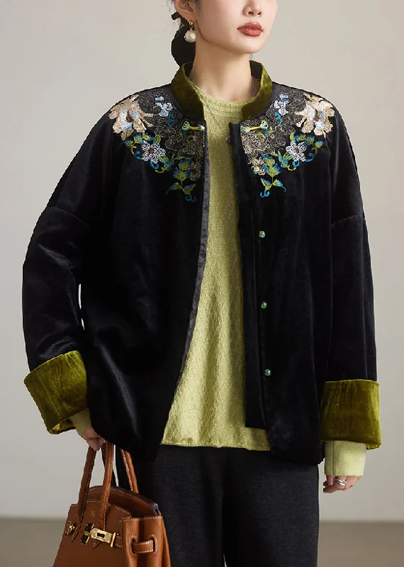 Loose Black Embroidered Button Cotton Filled Coat Winter Laid - back Women's Style