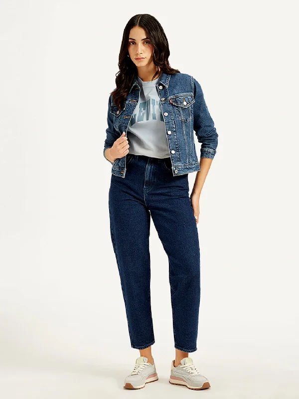 Women's High Rise Loose Tapered Fit Dark-Blue Jeans Sleek Women's 