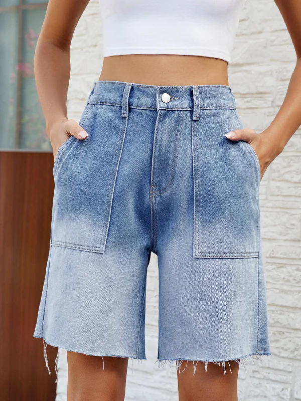 Buttoned Raw Hem Denim Shorts with Pockets Cool Women's Distressed