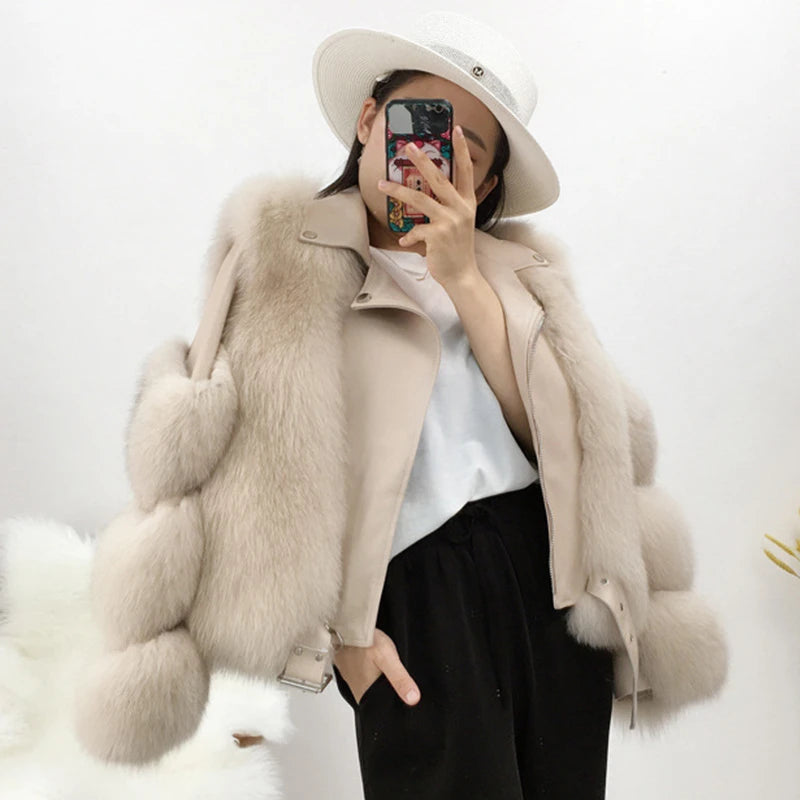 Women's Winter Real Fox Fur Genuine Sheepskin Leather Beige Color Jacket garde