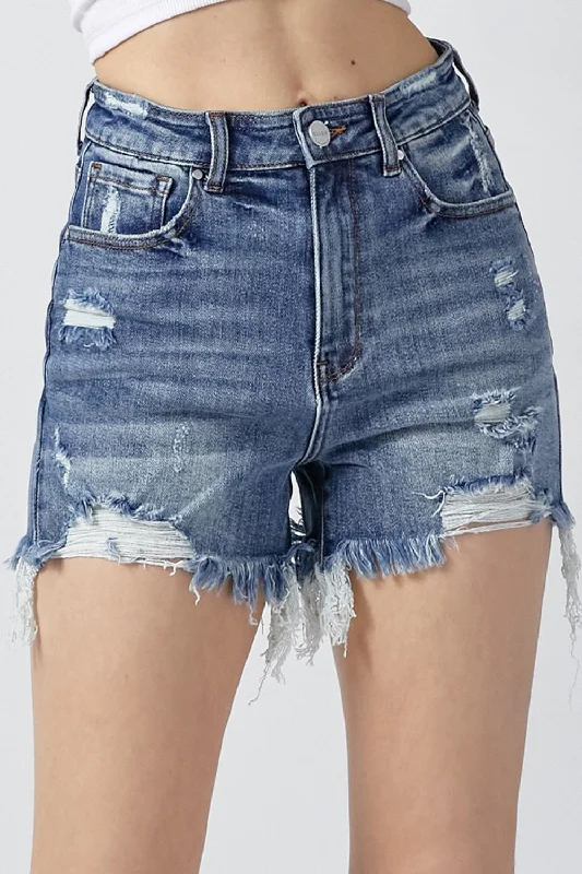 RISEN High Rise Distressed Denim Shorts Feminine Women's Soft 