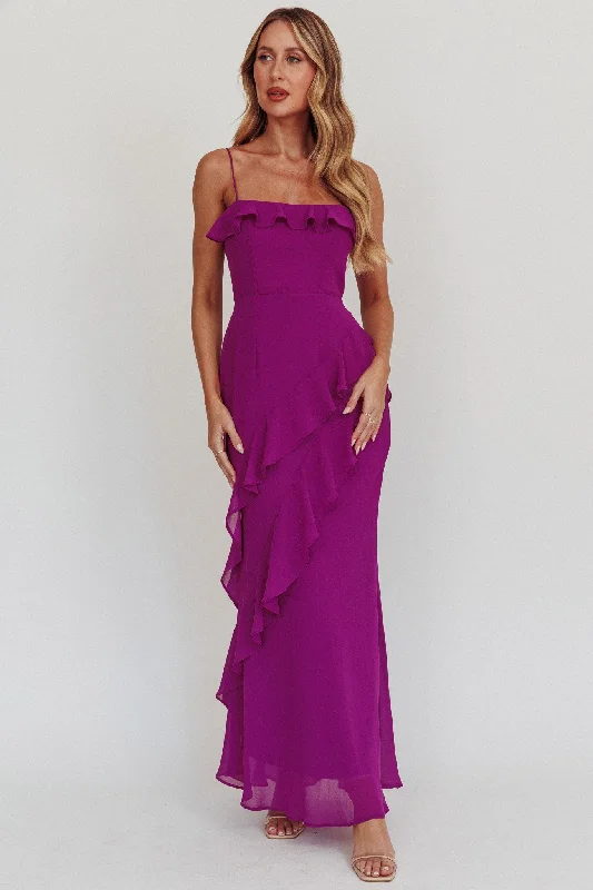 Actual Sunshine Ruffle Trim Maxi Dress Plum Dynamic Women's Moto