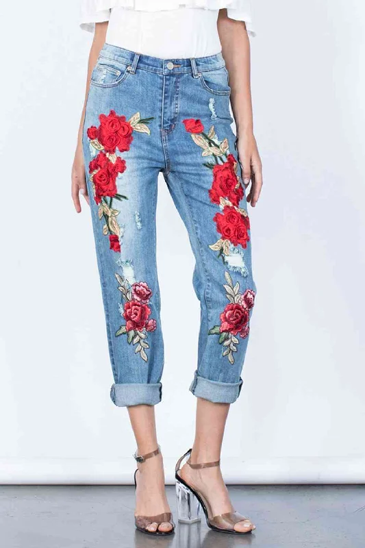 Full Size Flower Embroidery Buttoned Jeans Sophisticated Women's Tailored