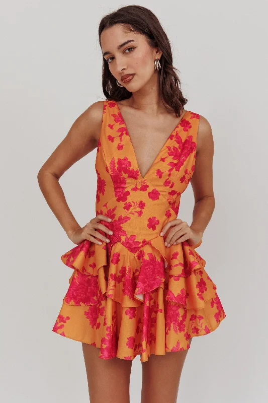 Like Me V-Neck Tied Back Floral Romper Orange Monochromatic Office Style