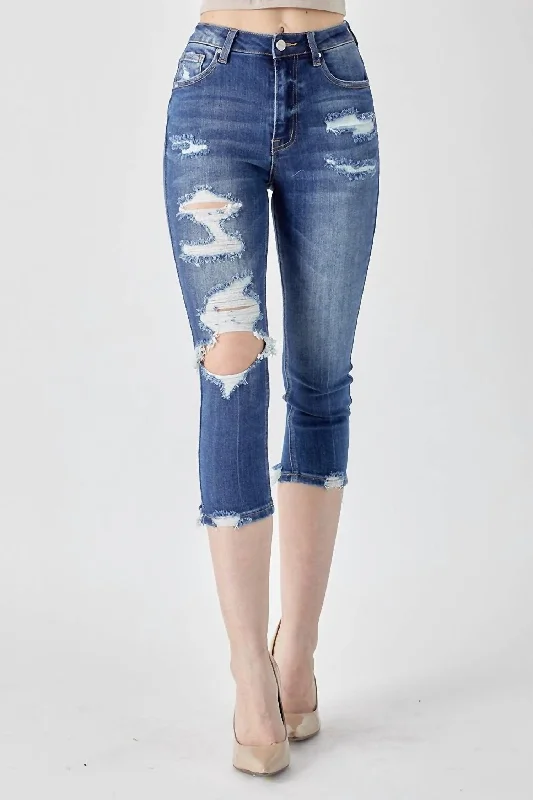 High-Rise Distressed Capri In Dark Wash Sleek Women's 