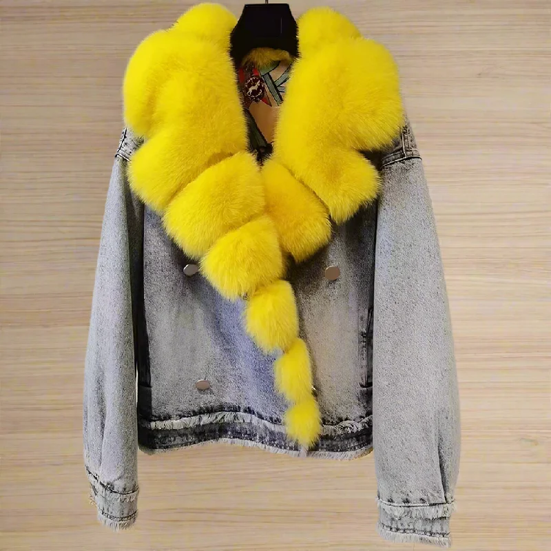 Women's Luxury Warm Winter Real Fox Fur Collar Casual Denim Jacke Sleek Women's 