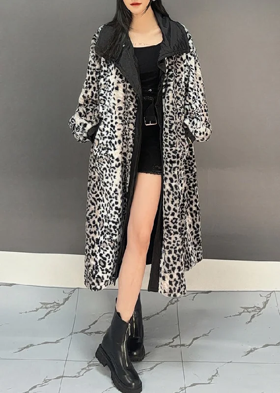 Boho Dark Grey Leopard Patchwork Pockets Long Trench Coat Spring Refined Women's Classic 